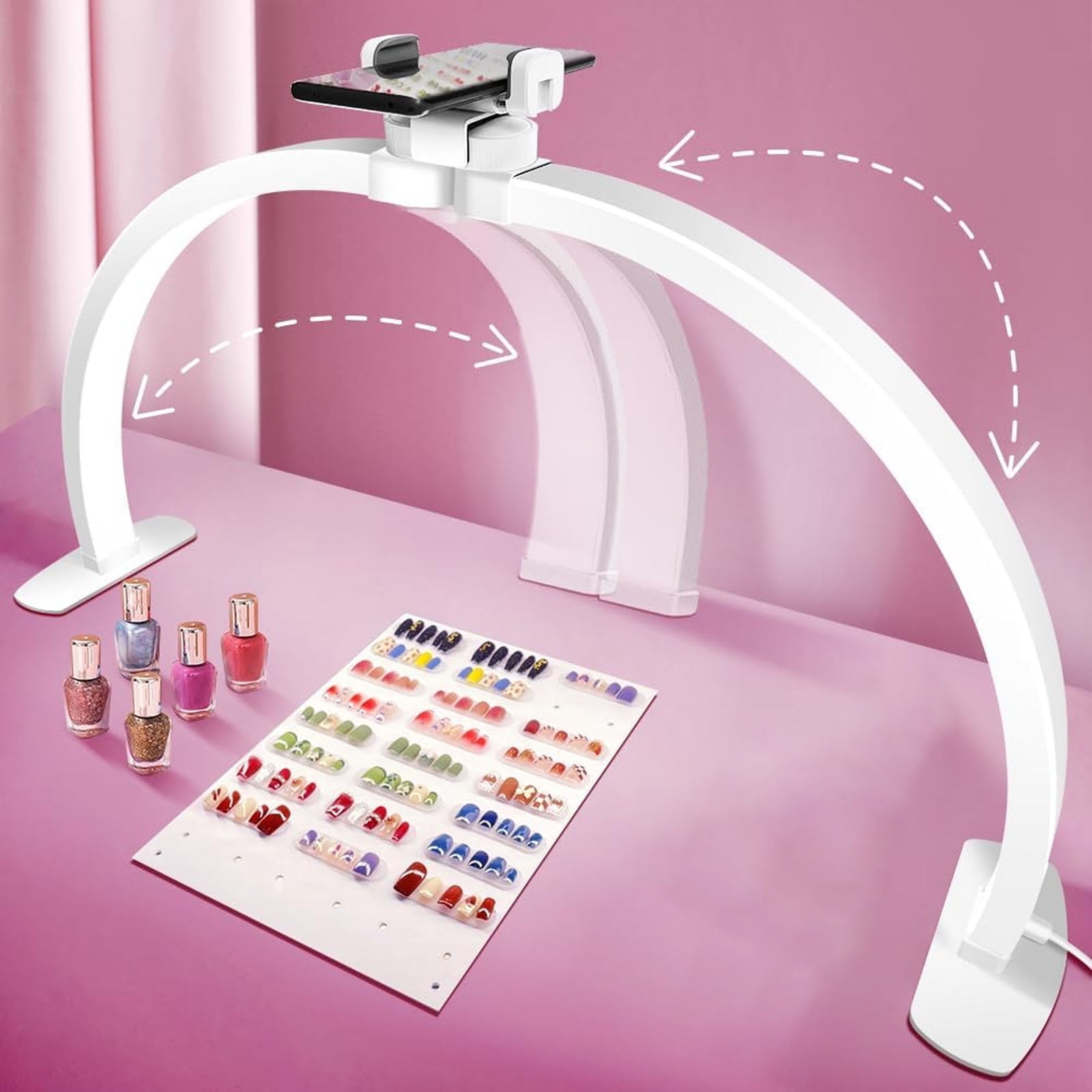 Half Moon Light for Nail Desk, Foldable Nail Lamp with Phone Holder,  Nail Desk Lamp, 3 Modes 10 Brightness, Portable Half Moon Lamp Arch Light for Lighting/Nail Art/Beauty/Eyelashes/Tattoos