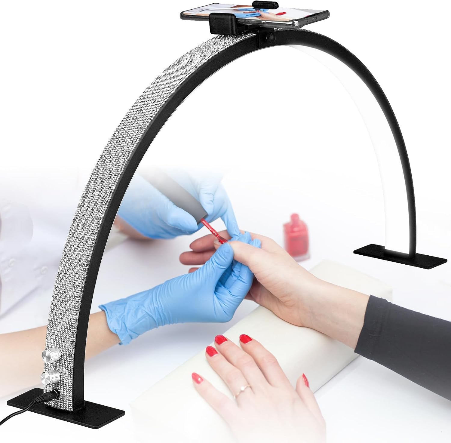 Half Moon Light for Nail Desk with Phone Holder, 29in Half Moon Light, 3000-6000k Half Moon Lamp Perfect LED Manicure Light, Nail Light, Lash Light for Table (Black)