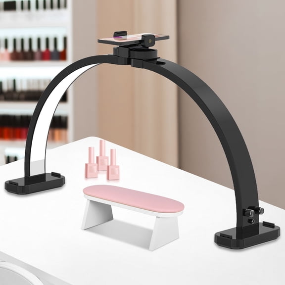 Half Moon Light for Nail Desk with Phone Holder, Upgraded 28-inch Foldable Half-Moon Lamp, LED Light for Manicure, Eyelash Extension, Tattooing, Craft, Black