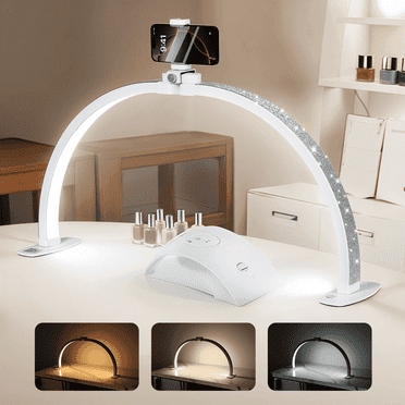 Half Moon Light for Nail Desk, Caveen Nail Lamp with Phone Holder, 3 Color Modes Half Moon Lamp for Beauty,Eyelashes,Tattoos,Crafts, Nail Tech Light