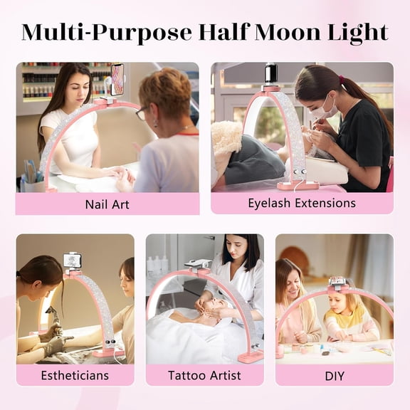 Half Moon Light for Nail Tech: 31 inch Foldable LED Lamp with Phone Holder - 48W Adjustable Arch Lighting for Eyelash, Manicure, Spa, Salon