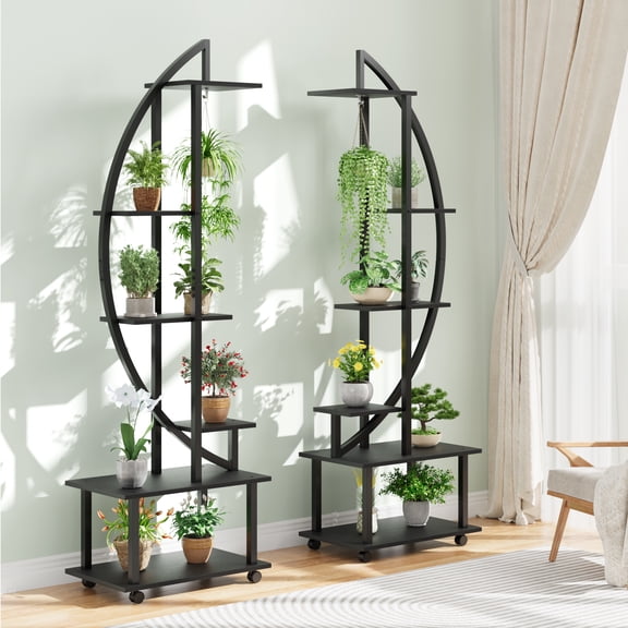 Half Moon Metal Plant Stand with Drawers & Wheels, 69.2" Tall 6-Tier Plant Shelf, Sturdy Rolling Display Rack for Multiple Flower Herb Pots