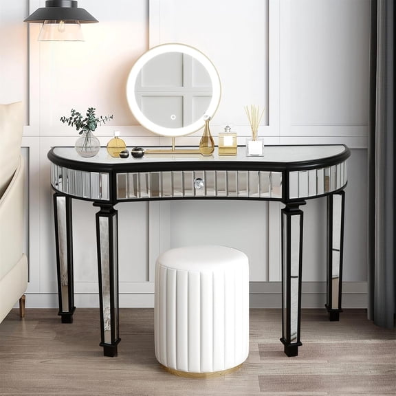 Half-Moon Mirrored Console Table with Drawer, 47.24 Inch Beautiful Mirrored Desk, Bedroom Vanity Makeup Dressing Table for Girl/Women, Black Edge Sofa Table for Living Room Hallway