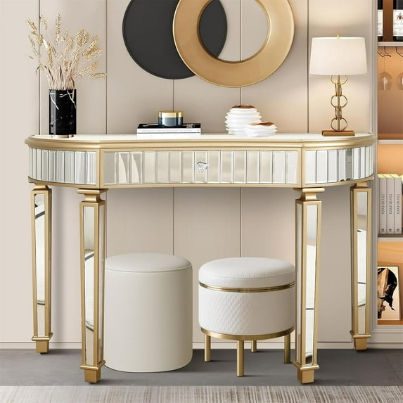 Half-Moon Mirrored Console Table with Drawer, 47.24 Inch Beautiful Mirrored Desk, Bedroom Vanity Makeup Dressing Table for Girl/Women, Golden Edge Sofa Table for Living Room Hallway