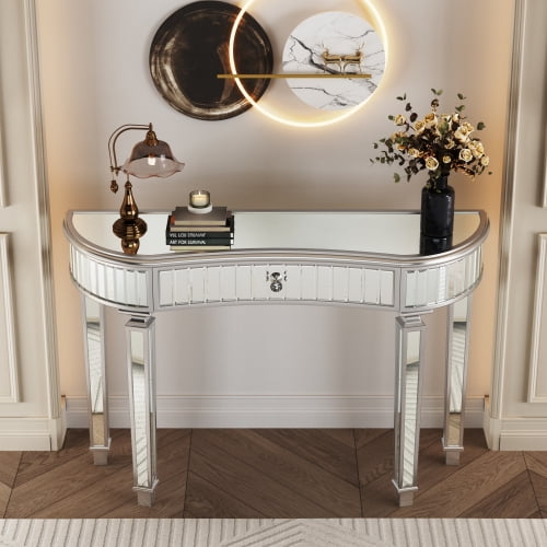 Half-Moon Mirrored Console Table with Drawer, 47.24 Inch Beautiful Mirrored Desk, Bedroom Vanity Makeup Dressing Table for Girl/Women, Silver Sofa Table for Living Room Hallway