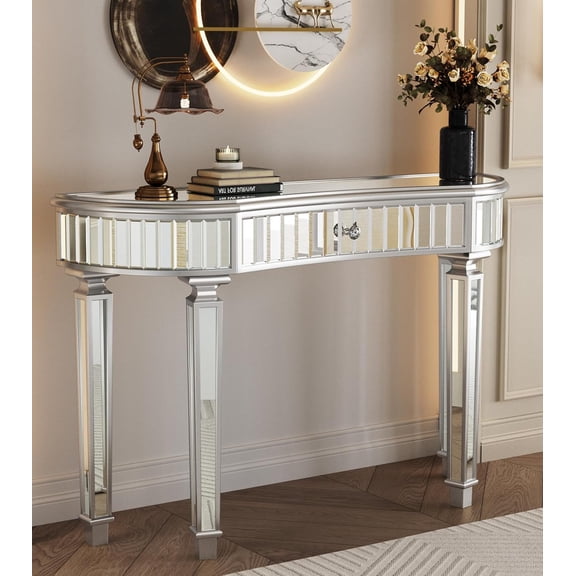Half-Moon Mirrored Sofa Table with Storage, Semi Circle Entryway Console Table with Fluted Glass & Crystal Knob Drawer,Modern Sofa Table Behind Couch for Living/Dressing Room,Hallway Foyer, Silver