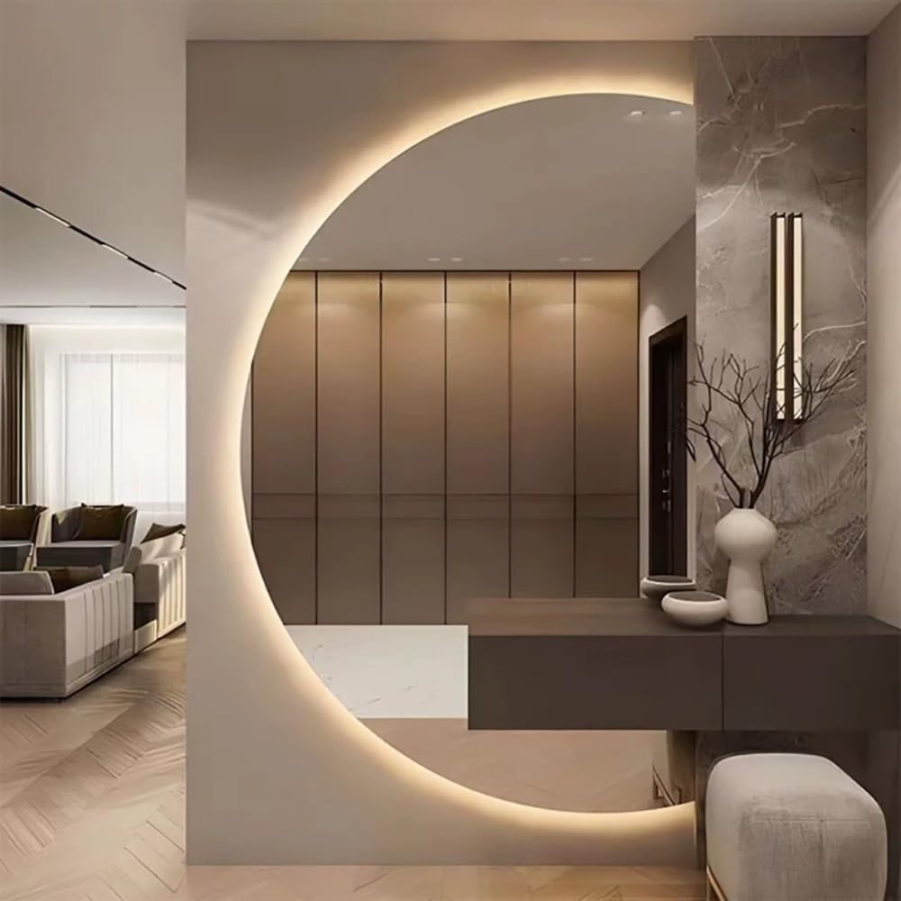 Half Moon Modern Anti-Fog Bathroom Mirror, Semicircle Dimmable Vanity Mirror with 3-Color, Large ...