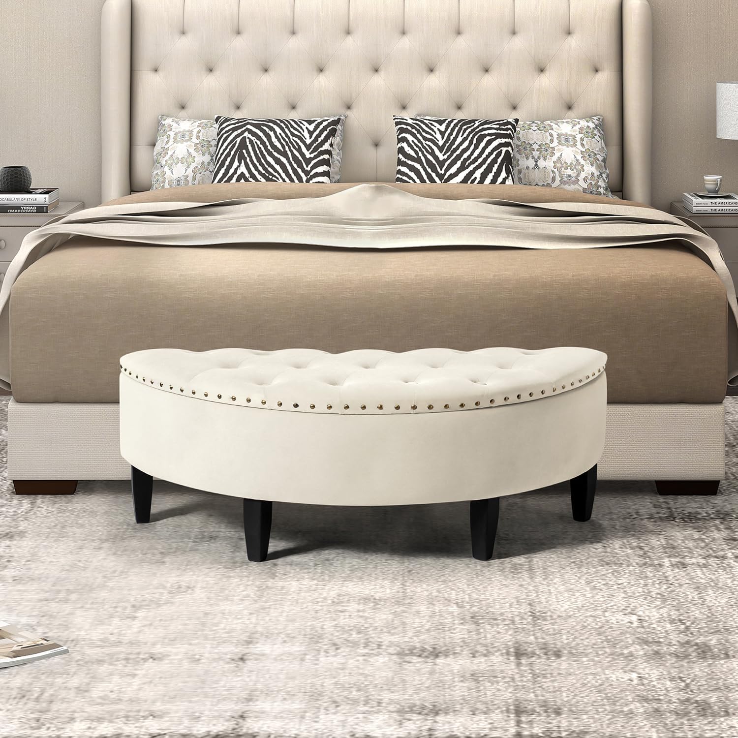 Half Moon Modern Storage Ottoman Bench, Button Tufted Bedroom Velvet