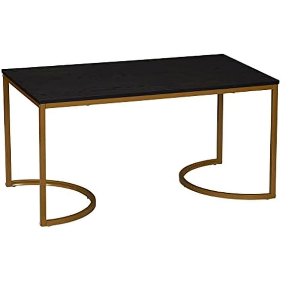 Half Moon Rectangular Coffee Table Black Oak Wood Grain and Gold Metal