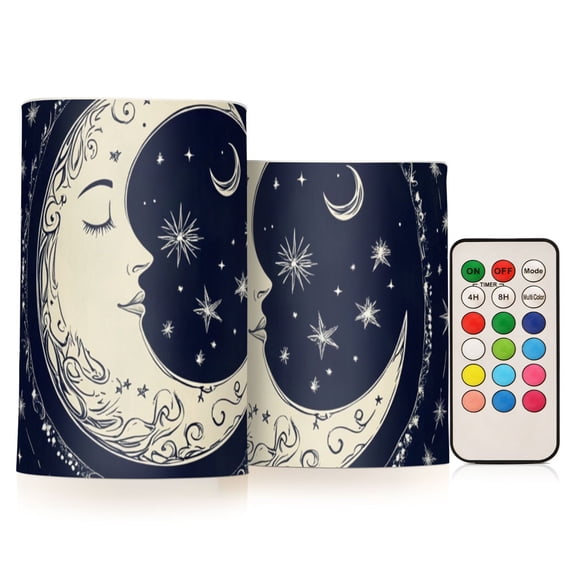 Half Moon Side Face Stars Flickering Flameless Candles LED Tealight Battery Operated with Remote Set of 2 Holiday Decor Ornaments