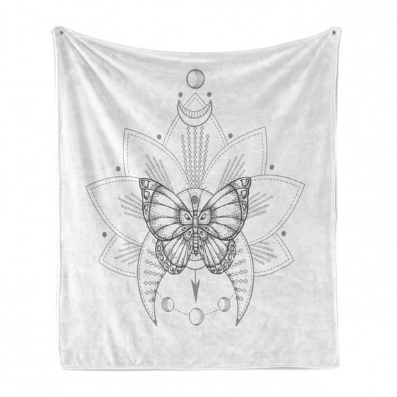 Half Moon Soft Flannel Fleece Throw Blanket, Butterfly Pointy Petals Flower Dreamcatcher Inspired Arrangement, Cozy Plush for Indoor and Outdoor Use, 70" x 90", Dimgray and White, by Ambesonne
