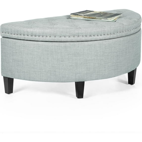 Half Moon Storage Ottoman Bench, 43.5" Fabric End of Bed Bench with Storage, Large Ottoman for Bedroom, Living Room, Entryway(Light Blue)