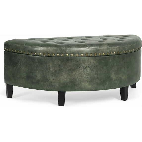 Half Moon Storage Ottoman Bench, 43.5" PU Leather End of Bed Bench with Storage, Large Ottoman for Bedroom, Living Room, Entryway(Dark Green)