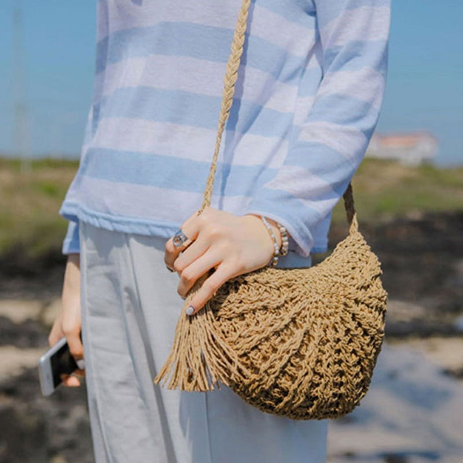 Christianartbag Handmade Bag, Summer & Autumn Handmade Bags for Women Beach Weaving Ladies Straw Bag Wrapped Beach Bag Moon Shaped Top Handle Handbags