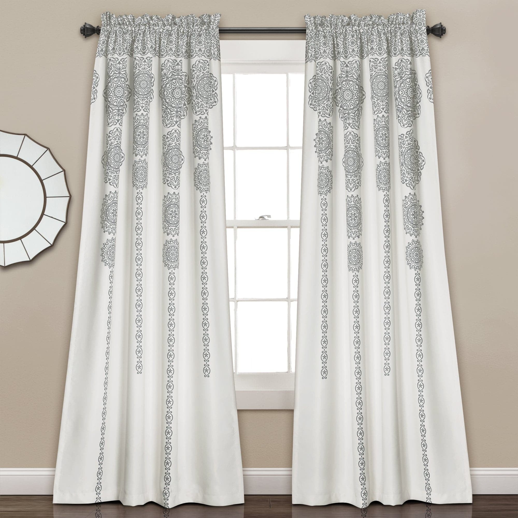 Gray Polyester Blackout Medallion Window Curtain Panels, 52"W x 84"L