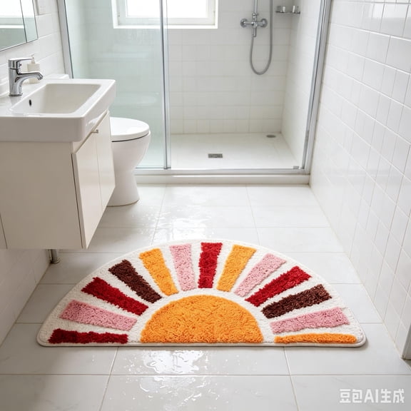 Half Moon Sun Shaped Bathroom Rug, Absorbent Non Slip Semi Circle Bath Mat for Shower Entrance