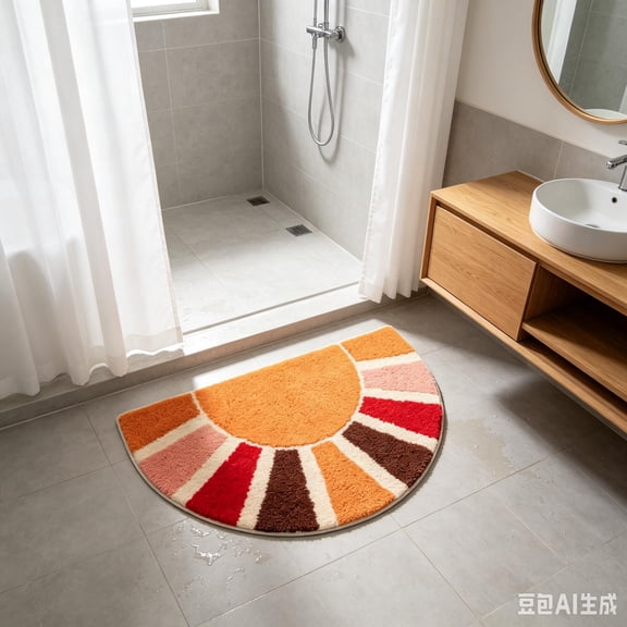 Half Moon Sun Shaped Bathroom Rug, Absorbent Non Slip Semi Circle Bath Mat for Shower Entrance