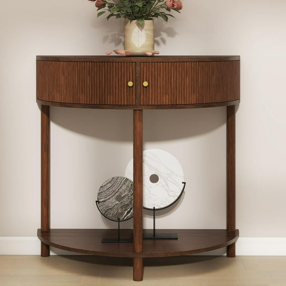 Half Moon Table,Small Entrywayables for Hallway, Artisan-Crafted Wave-Pattern Demi-Lune Console Table,Narrow Round Accent Decort Table for Living Room (Brown)