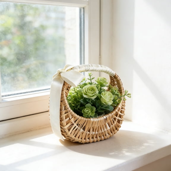 Half Moon Wicker Baskets, Wicker Rattan Flower Baskets with Handle and Ribbons, Flower Girl Basket Easter Petal Candy Storage Basket, Garden Home Decoration Half Moon Flower Weaving Basket