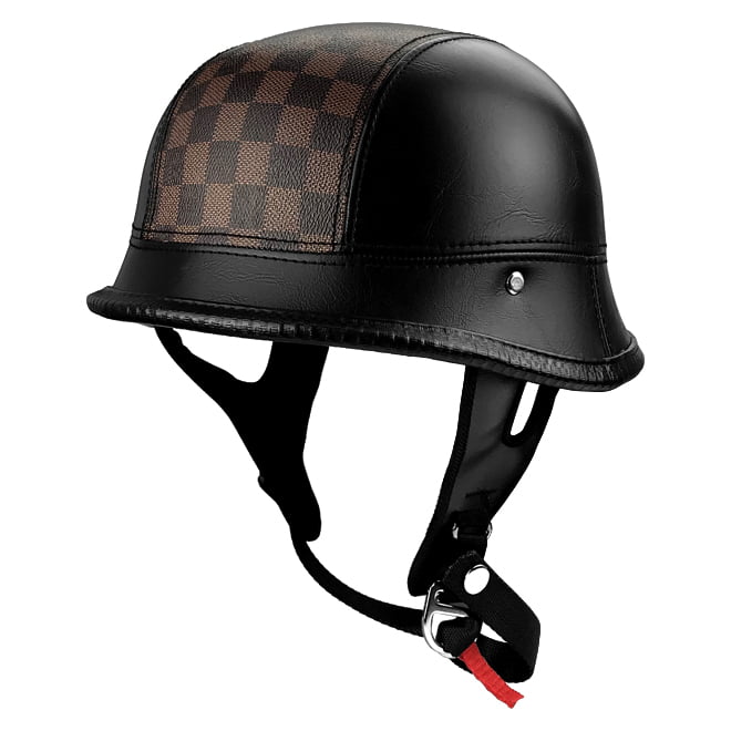 RS Helmets RS-8679-Leather-Large Half Motorcycle Helmet German Style  Leather with Checker Stripe, Black - Large