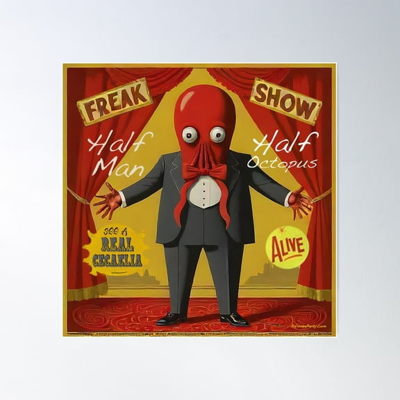 Half Octopus Half Man, Real Cecaelia Original Art Vintage Freak Show Circus Square Poster Poster Wall Art, Modern Wall Decor For Living Room Bedroom, 17x17 UNFRAMED