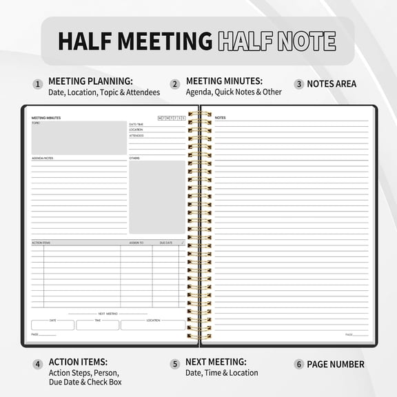 Half Page Meeting Half Page Notes - 7.5 inch x 10 inch Professional Work Notebook - 160 pages, B5 Size Project Planner, Spiral Bound Meeting Agenda/Meeting Minutes Organizer, for Men and Wom