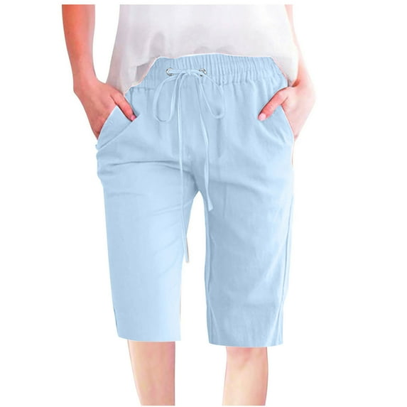 Half Pants for Women Cotton Linen Casual Pant Drawstring Elastic Waist Plus Size Knee-Length Trouser