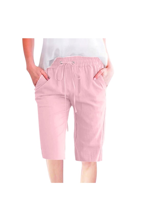 Half Pants for Women Cotton Linen Casual Pant Drawstring Elastic Waist Plus Size Knee-Length Trouser
