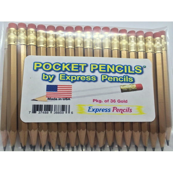 Half Pencils with Eraser - Golf, Classroom, Pew, Short, Mini - Hexagon, Sharpened, 2 Pencil, Color - Gold, Pkg of 36 Pocket Pencils