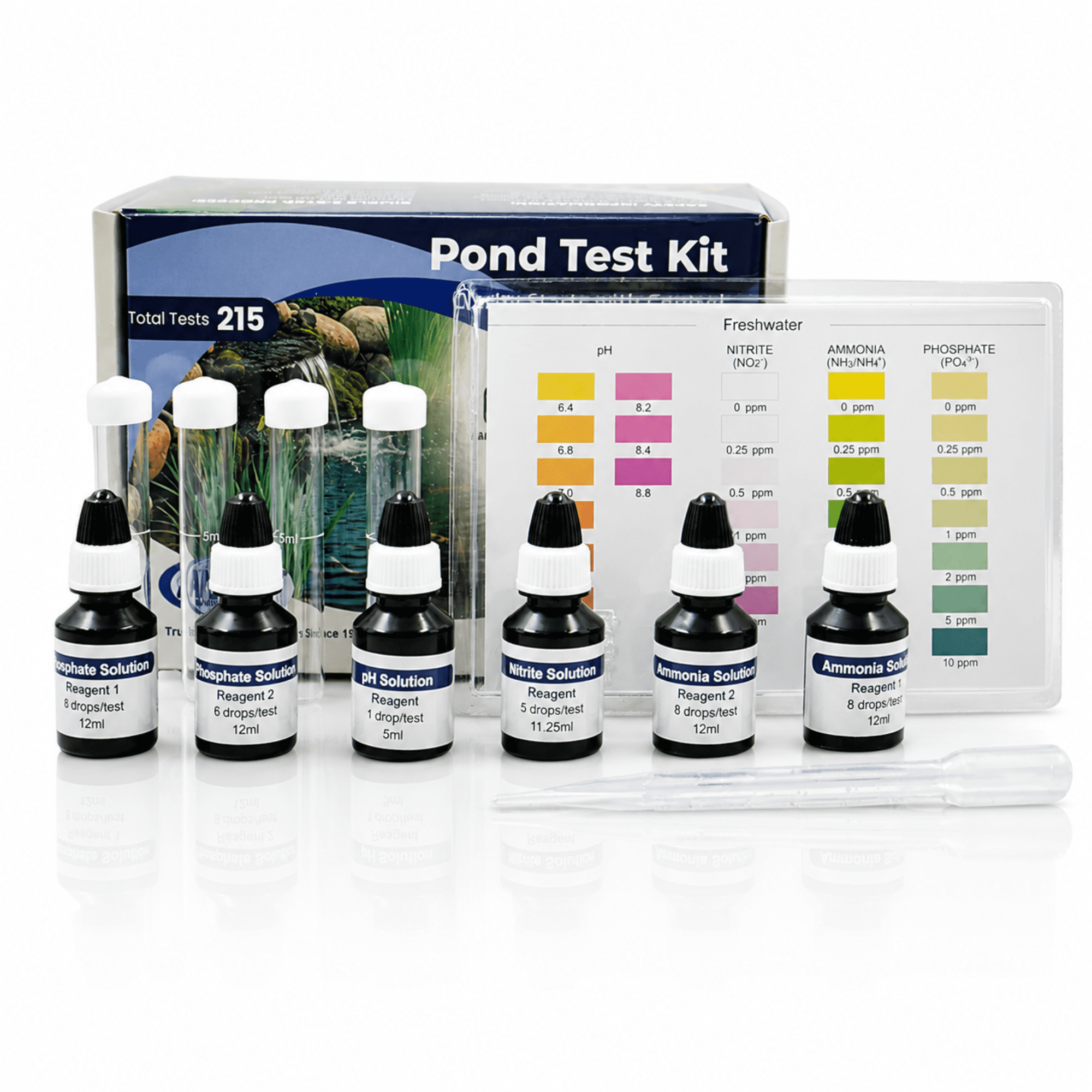 Half Off Ponds 4-in-1 Pond Water Quality Kit, 215 Tests for pH & Ammonia, Glass Tubes, Fresh & Saltwater