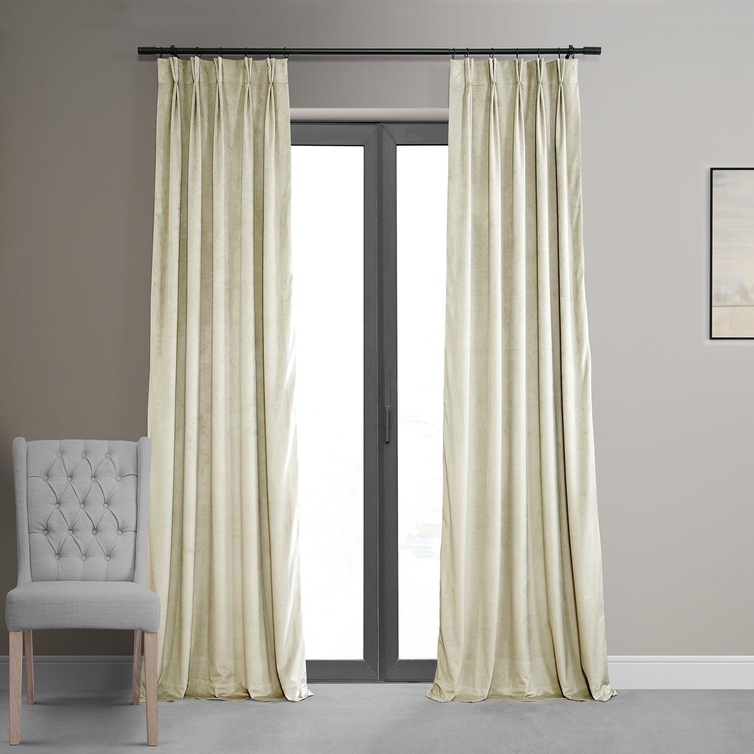 Alabaster Beige Velvet Blackout Pleated Curtain Panel 120"