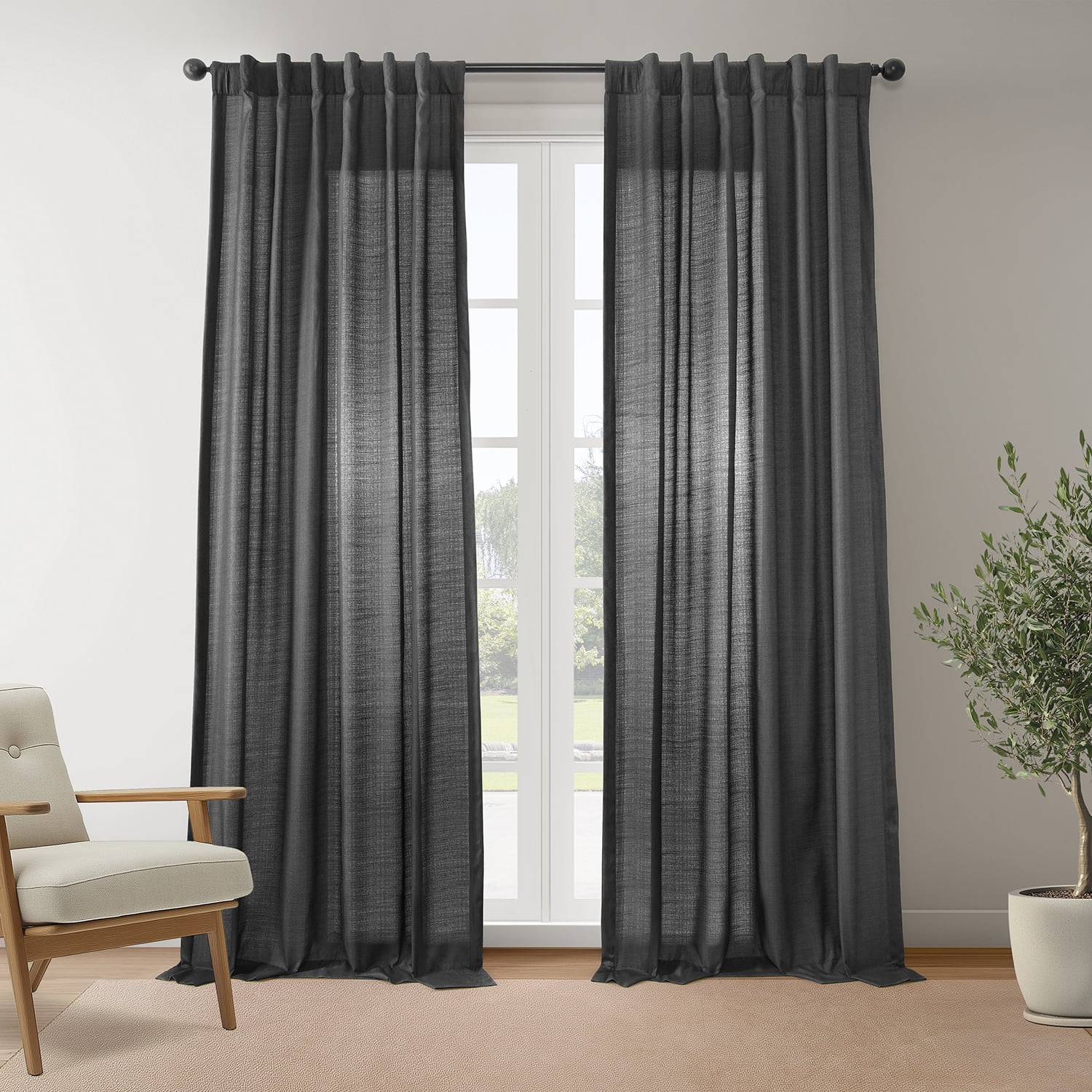 Half Price Drapes Black Rustic Linen Weave Light Filtering Curtains for Bedroom (2 Panel), 50W X 96L