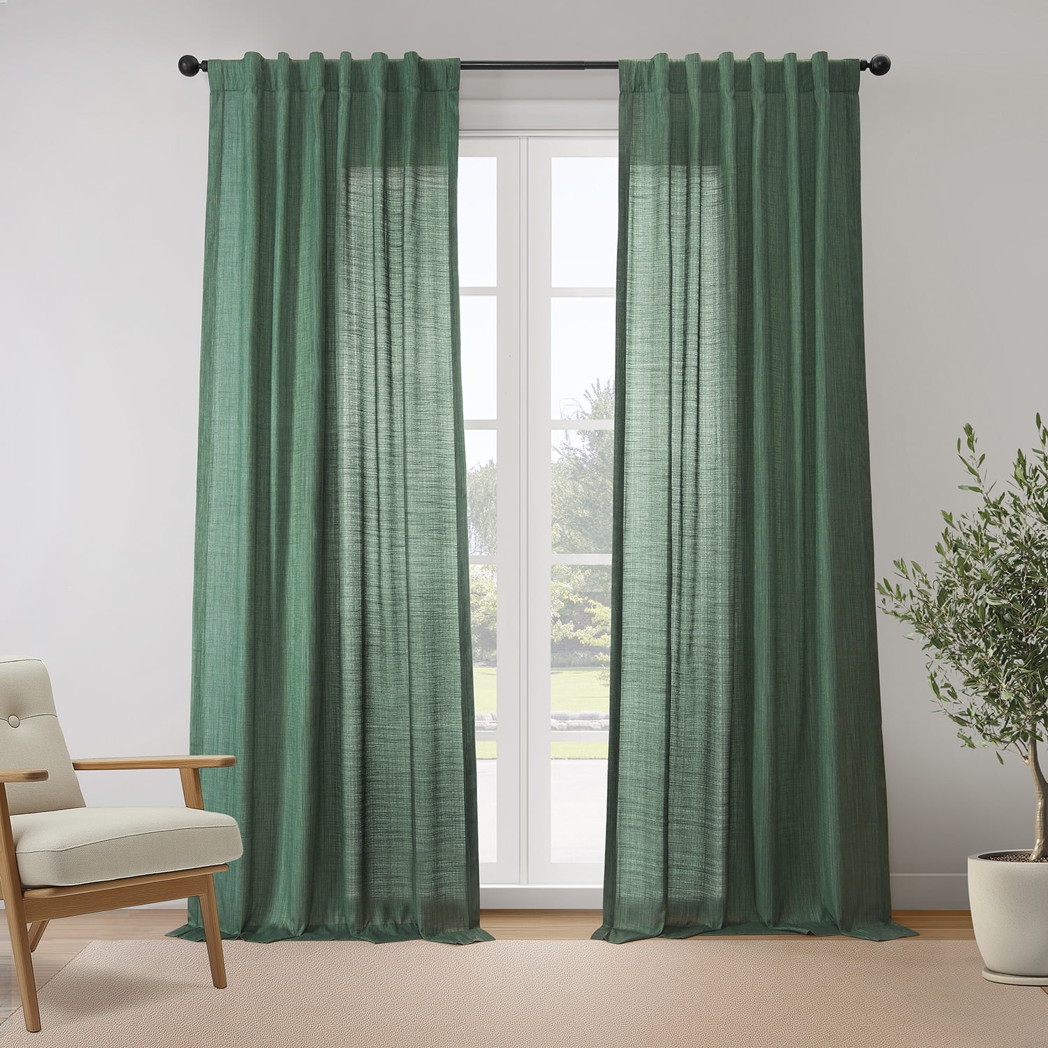 Half Price Drapes Dark Green Rustic Linen Weave Light Filtering Curtains for Bedroom (2 Panel), 50W X 84L