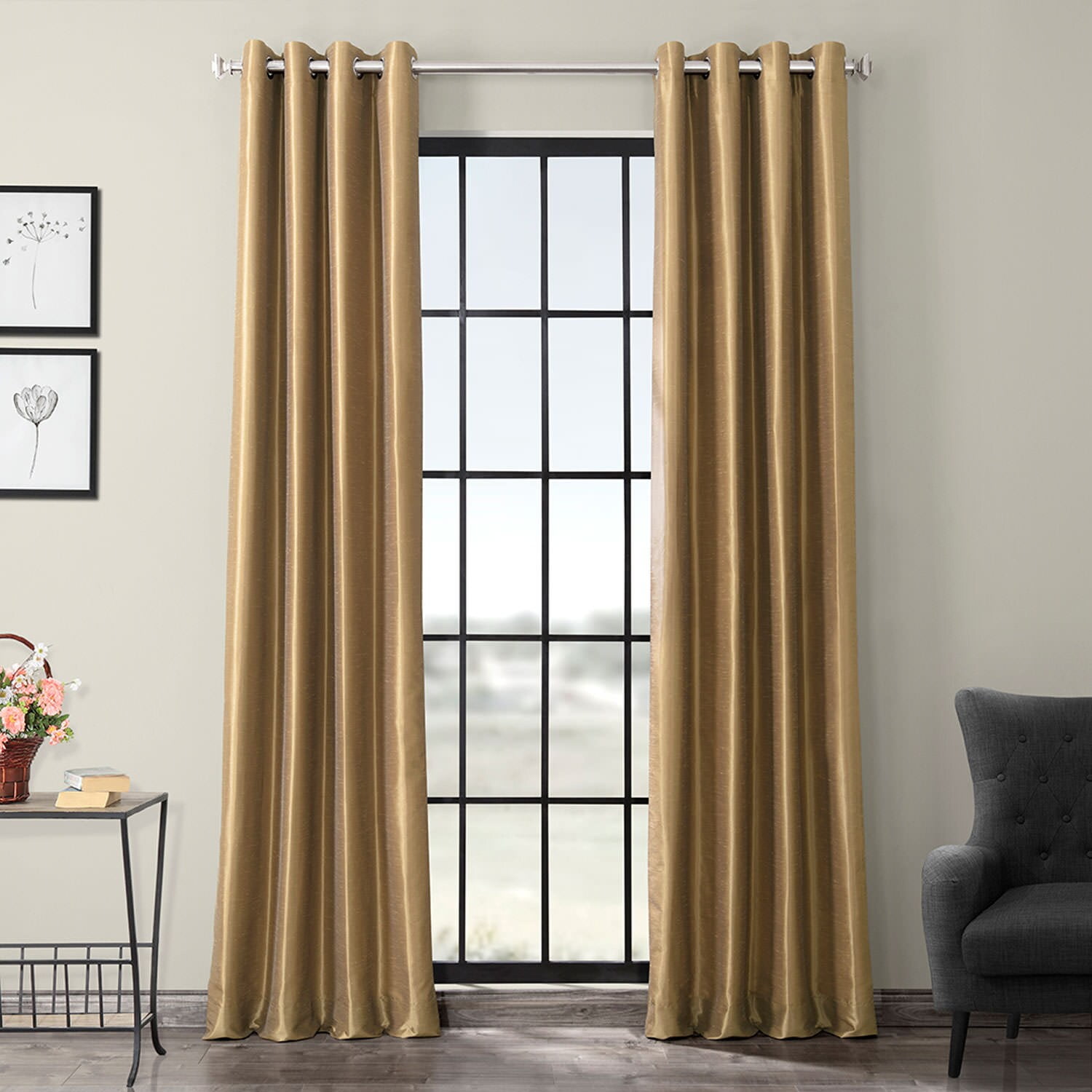 Flax Gold Grommet Blackout Faux Silk Extended Drapes