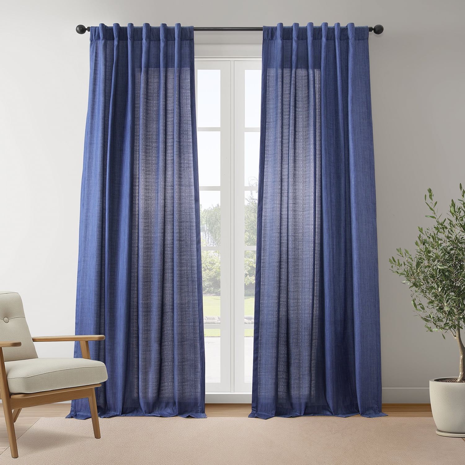 Half Price Drapes Ink Blue Rustic Linen Weave Light Filtering Curtains for Bedroom (2 Panel), 50W X 96L