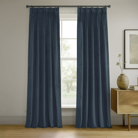 Half Price Drapes Signature Midnight Blue French Pleat Velvet Blackout Curtains(1 Panel), 50WX 120L
