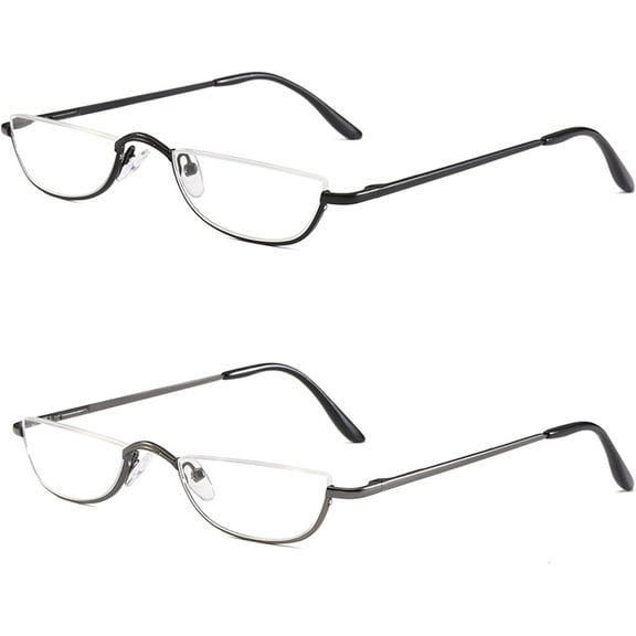 Half Reading Glasses - 2 Pairs Half Rim Metal Frame Glasses Spring Hinge Readers for Men and Women, Black+Gunmetal 2.50