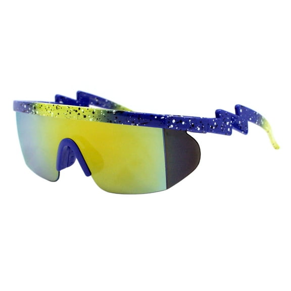 Half Rim Shield Sports Sunglasses Mirror Lens Blue Yellow Paint Splash Print