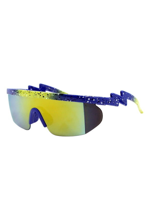 Half Rim Shield Sports Sunglasses Mirror Lens Blue Yellow Paint Splash Print