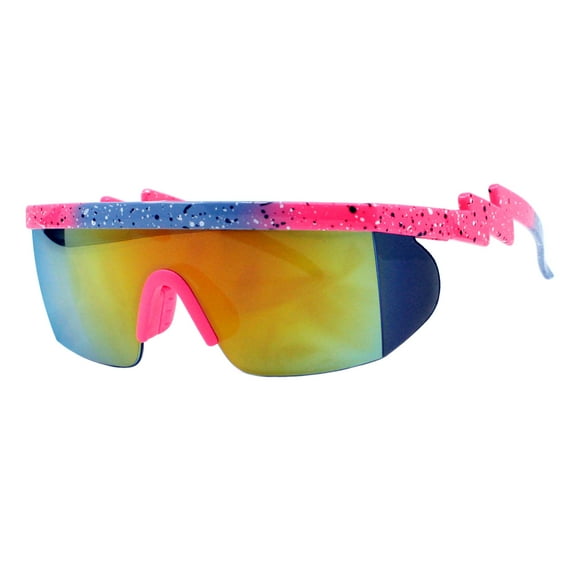 Half Rim Shield Sports Sunglasses Mirror Lens Pink Blue Paint Splash Print UV400