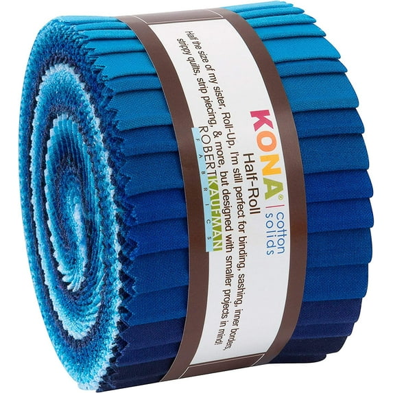 Half Rolls Kona(R) Cotton Solids Waterfall Palette Blues 2.5" Fabric Strips Robert Kaufman Roll-Up Bundle Quilter's Fabric Precuts (HR-154-24) M493.06