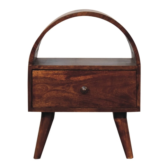 Half - Round Bedside | Walnut Finish for Bedroom Decor | 100% Solid Mango Wood | Shiny Brass Knob on Drawer