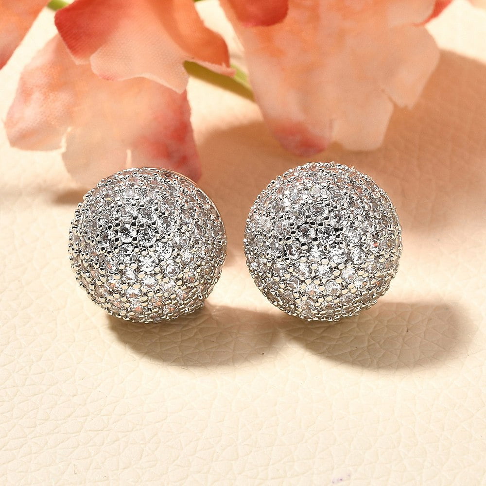 Half Round Brass Micro Pave Clear Cubic Zirconia Stud Earrings Rack Plating Long-Lasting Plated Cadmium Free & Lead Free Platinum 15.5mm