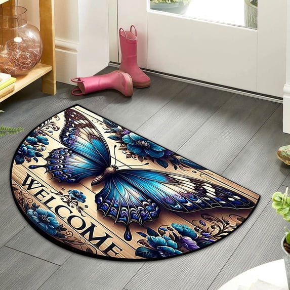 Half Round Door Mat - 15.7x23.6in Stained Butterfly Non Slip Semi Circle Doormat - Low Profile Front Door Mat for Outdoor Patio, Porch Entryway