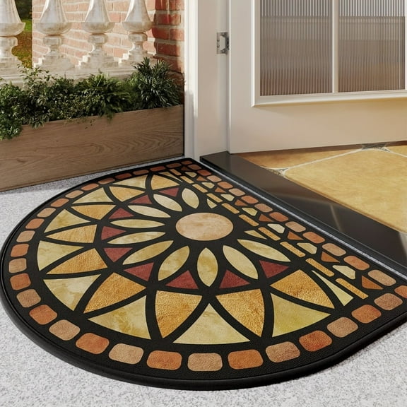 Half Round Door Mat Dirt Trapper Entrance Rug, Low-Profile Indoor/Outdoor Shoe Scraper, Washable Non-Slip Doormat for Front Door & Porch (Solar Disk)