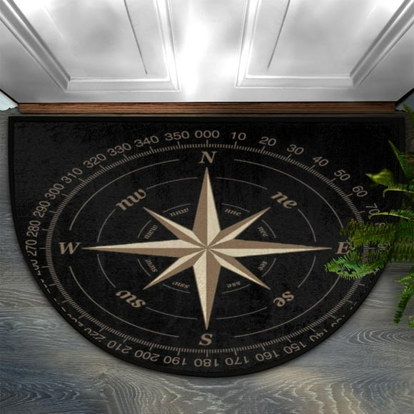 Half Round Door Mat Fall Compass Rose Non-Slip Half Circle Area Rug Artwork Black Doormat Washable Durable Home Decor Half Moon Rug for Floor Indoor Living Room Bedroom Kitchen Patio 18X30 Inch