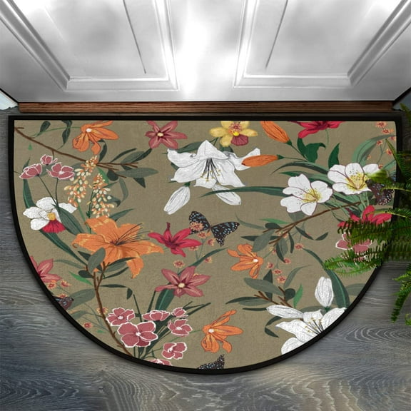 Half Round Door Mat Modern Flowers Spring Floral Indoor Outdoor Entrance Mat, Vintage Resistant Semi Circle Soft Non-Slip Washable Bath Rugs Floor Mats for Bathroom.