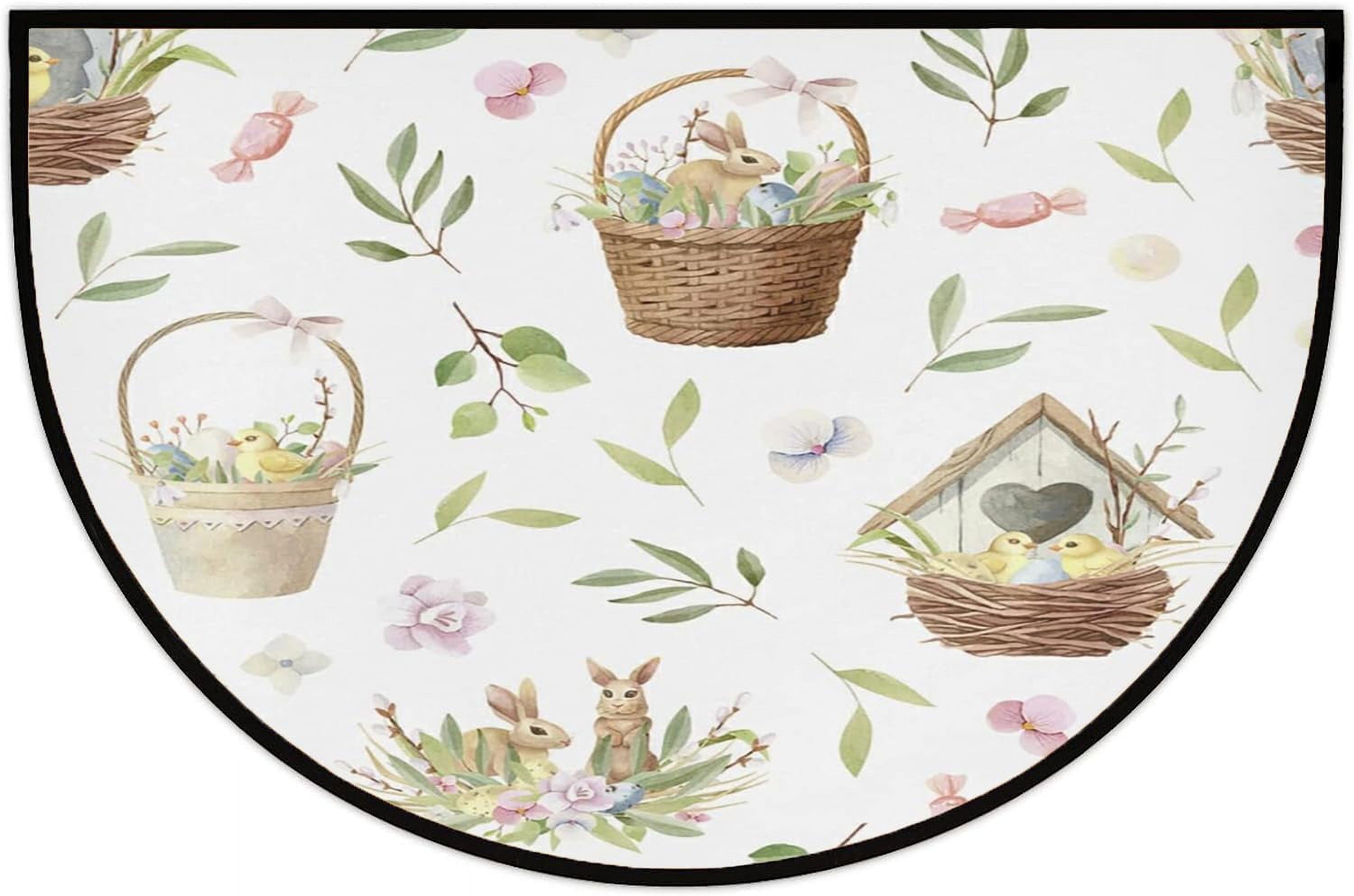 Half Round Door Mat Watercolor Easter Rabbits Doormat Non Slip Mat for