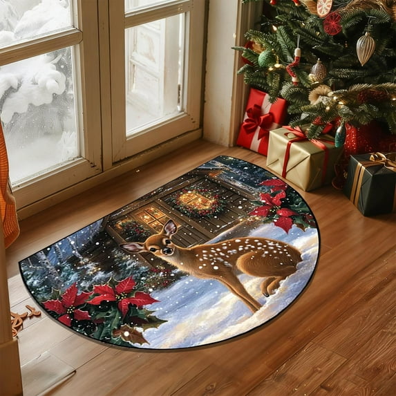 Half Round Doormat Deer/Santa/Snowman Christmas Semi Circle Rug Non Slip Indoor Outdoor Entrance Washable Front Floor Mat for Kitchen Bathroom Patio Fireplace Holiday Decor
