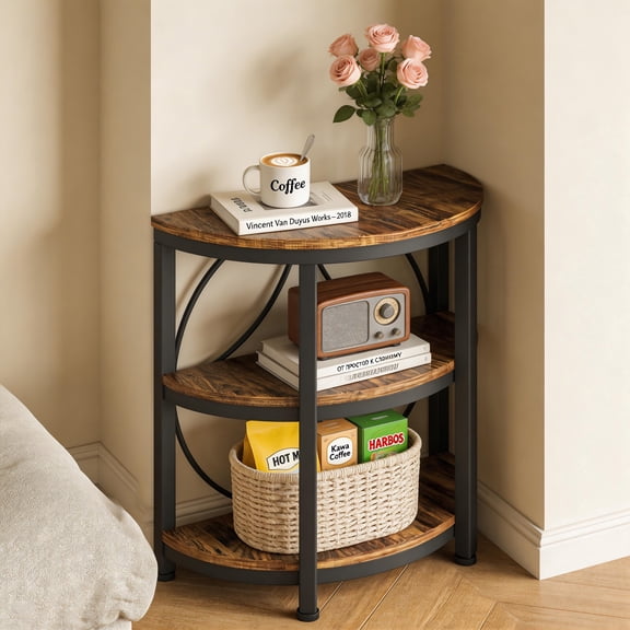 Half Round End Table 3-Tier Half Moon Side Table With Metal Frame Industrial Half Circle Accent Table With Storage Shelves For Living Room Entryway Bedroom (Rustic Brown)